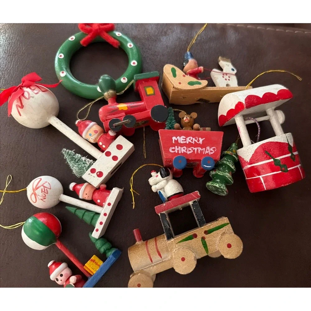 Vintage Wooden Christmas Ornaments Made in Taiwan Set of 10